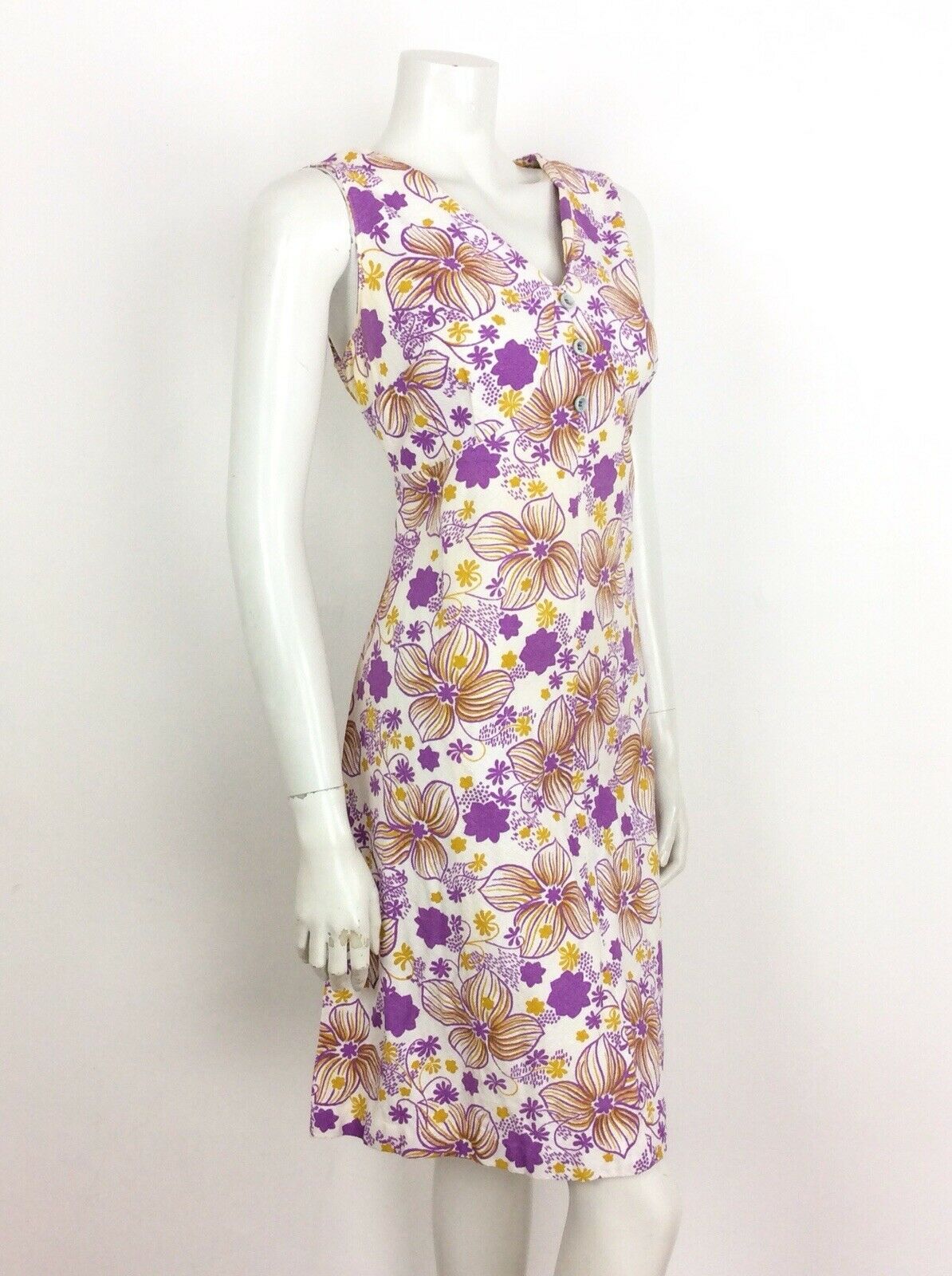 60S VINTAGE WHITE PURPLE TEXTURED PSYCHEDELIC FLORAL SLEEVELESS DRESS 16 18