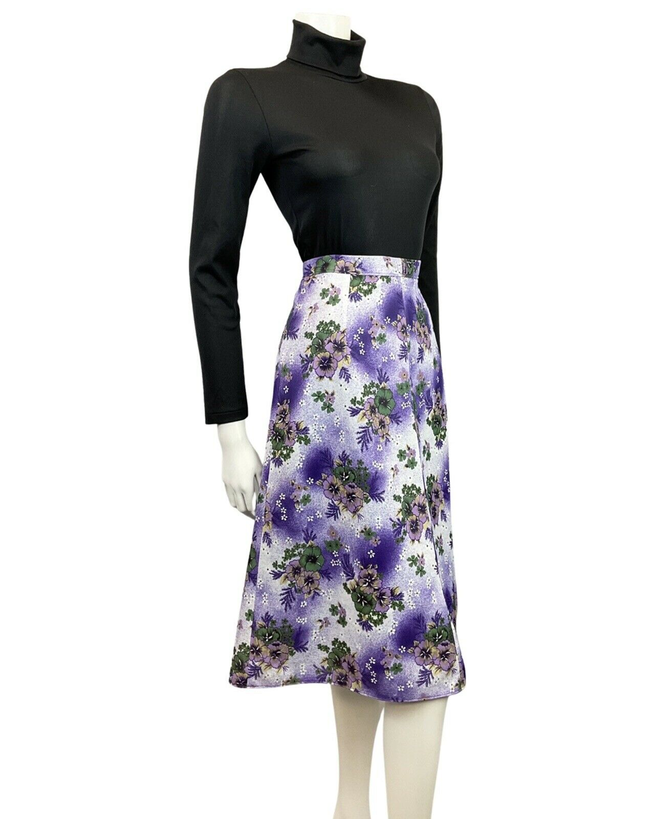 VINTAGE 60s 70s PURPLE WHITE GREEN FLORAL DAISY KNEE-LENGTH SWING SKIRT 8 10