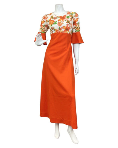 VTG 60s 70s ORANGE GREEN WHITE FLORAL EMPIRE FLOUNCE SLEEVE MOD MAXI DRESS 12