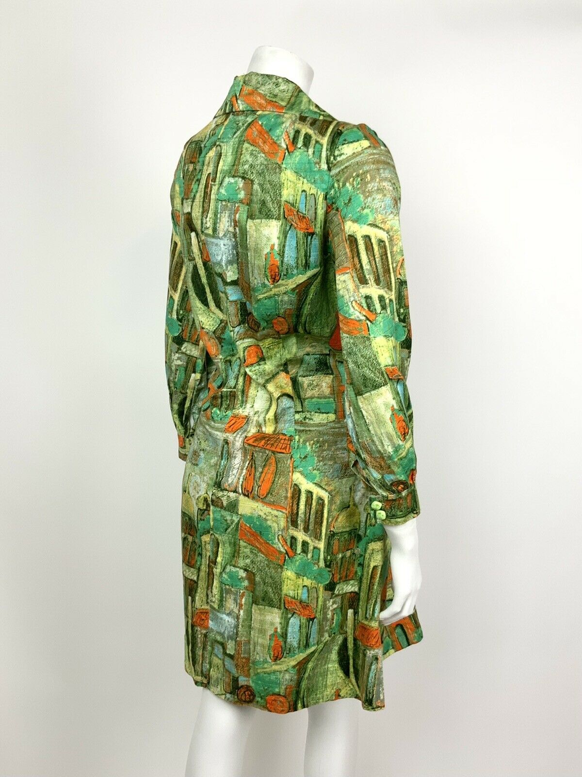 VINTAGE 60s 70s GREEN ORANGE BLUE ABSTRACT ARCH WING COLLAR SHIFT DRESS 14