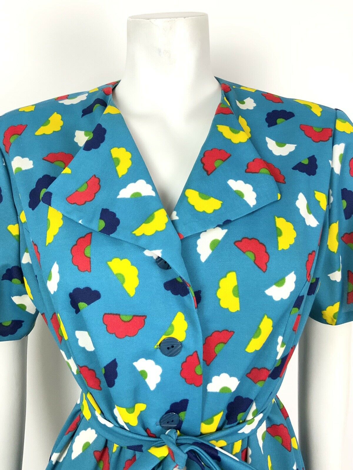 VINTAGE 70s 80s BLUE YELLOW RED WHITE FLORAL DAISY BELTED SHIFT DRESS 14 16