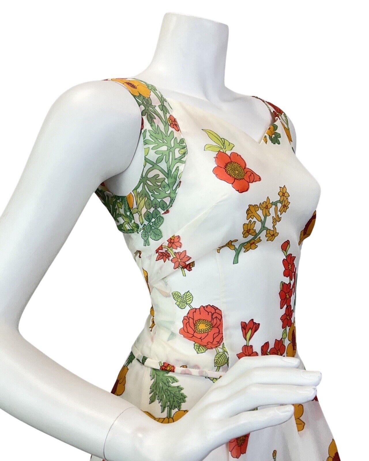 VINTAGE 60s 70s WHITE RED GREEN FLORAL GARDEN SLEEVELESS MAXI DRESS 8