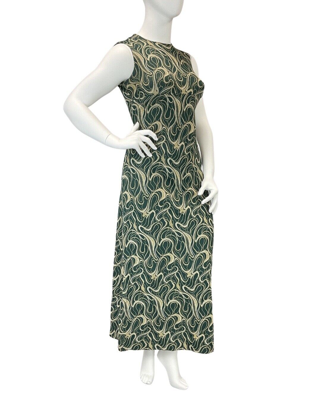 VINTAGE 60s 70s GREEN GOLD WHITE SWIRLING STUDIO 54 SLEEVELESS MAXI DRESS 14 16