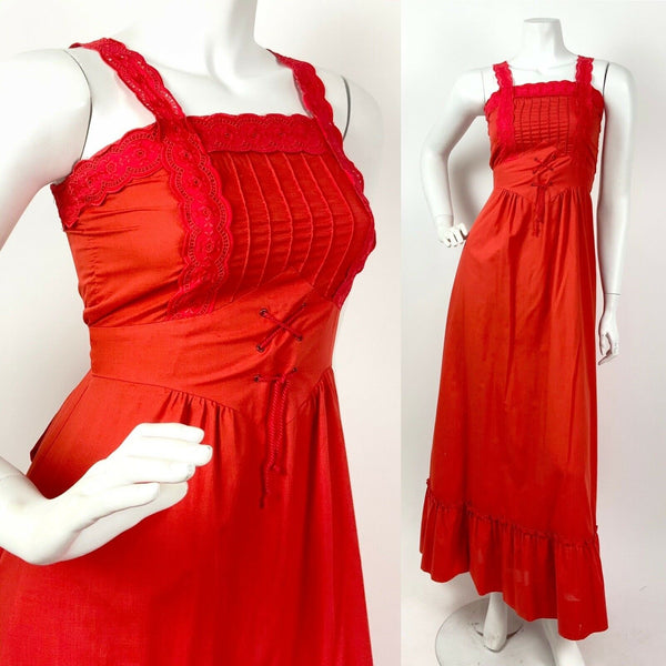 VINTAGE 60s 70s RED ANGLAISE LACE CORSET LACE UP PRAIRIE BOHO FOLK MAXI DRESS 8