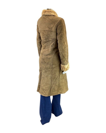 VINTAGE 60s 70s BROWN BROCADE SUEDE ZHIVAGO SHEARLING LONG COAT 12 14