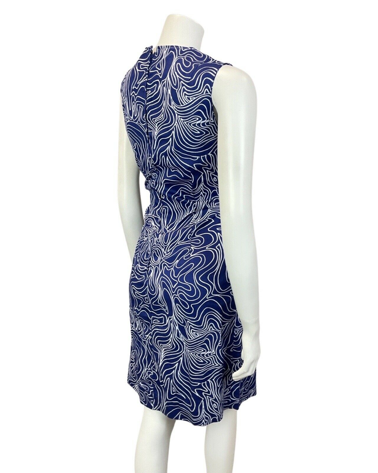 VINTAGE 60s 70s NAVY BLUE WHITE SWIRL PSYCHEDELIC SLEEVELESS MIDI DRESS 10 12