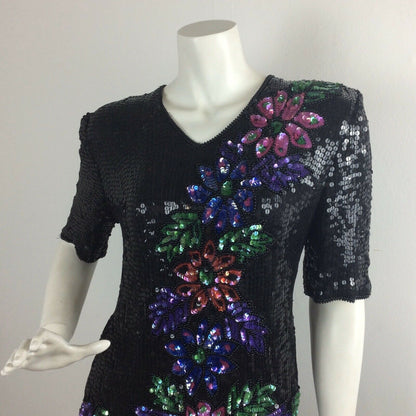 VINTAGE 80S SEQUIN BLACK PINK PURPLE, GREEN BLUE FLOWER TOP 10 12