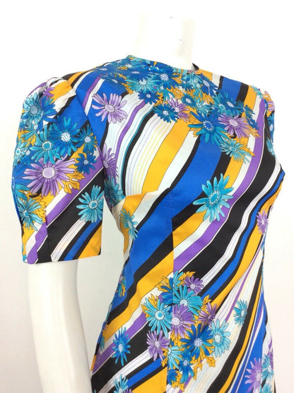 VTG 60s 70s BLUE YELLOW BLACK PURPLE STRIPE FLOWER DAISY DRESS 14