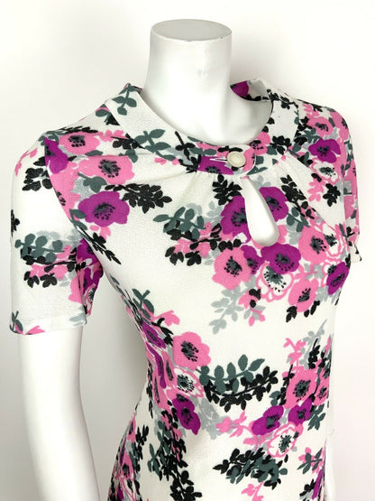 VINTAGE 60s 70s WHITE PINK PURPLE GREY BLACK FLORAL ROSE SHIFT DRESS 14 16