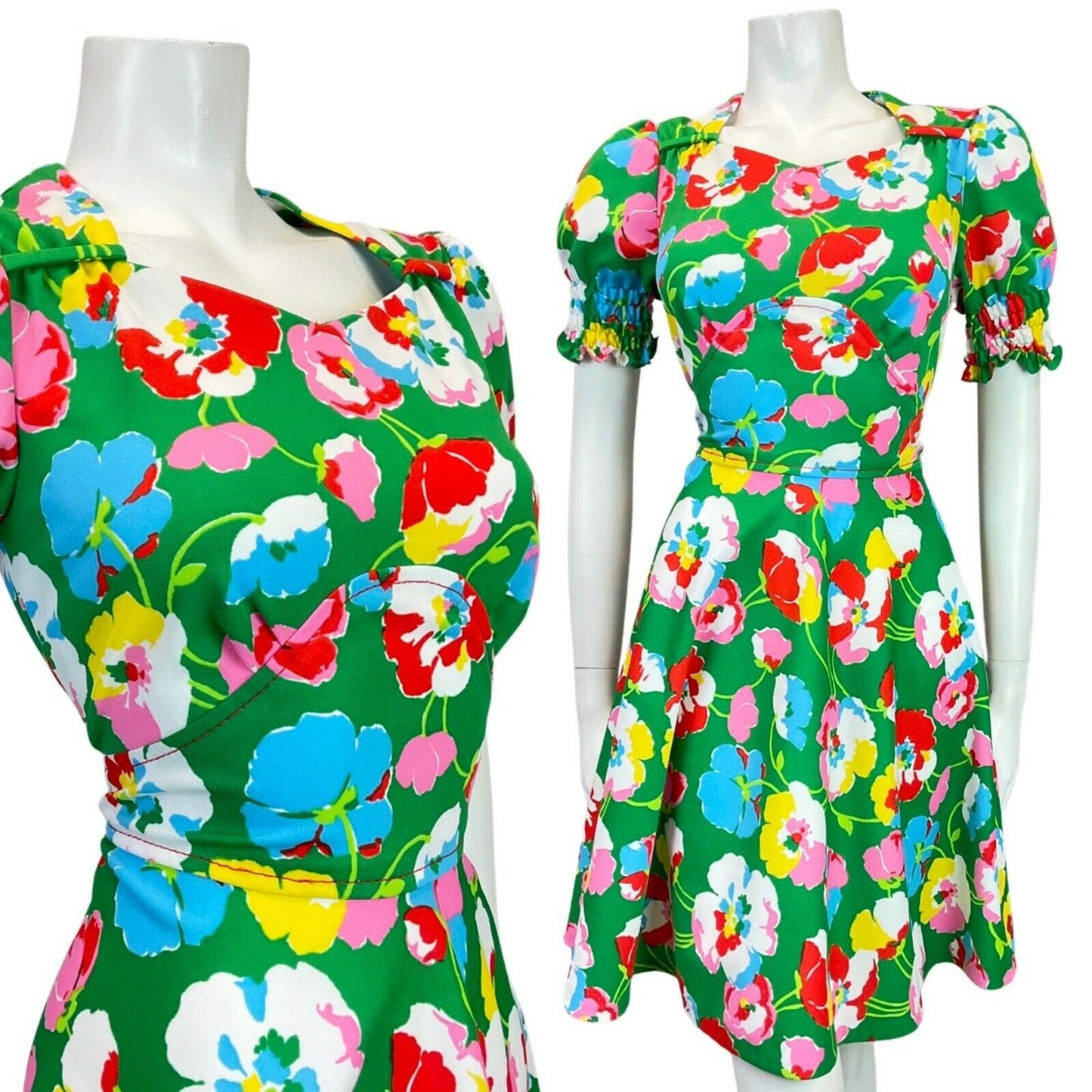 VINTAGE 60s 70s GREEN RED BLUE WHITE FLORAL POPPY PUFF SLEEVE MOD DRESS 10 12