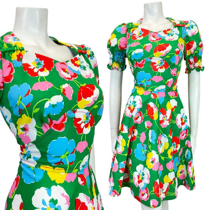 VINTAGE 60s 70s GREEN RED BLUE WHITE FLORAL POPPY PUFF SLEEVE MOD DRESS 10 12