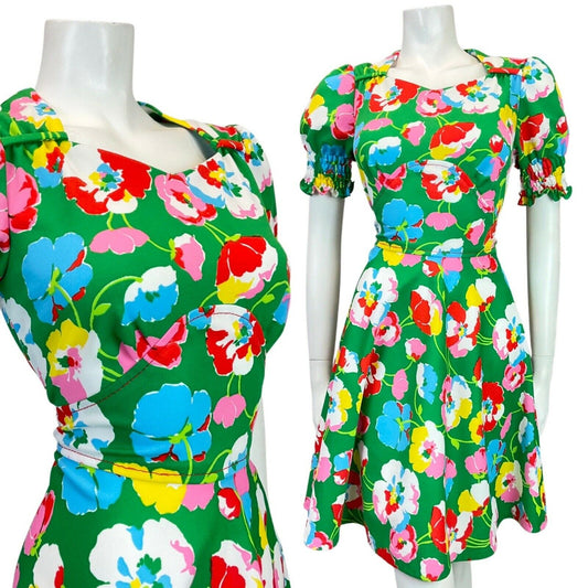 VINTAGE 60s 70s GREEN RED BLUE WHITE FLORAL POPPY PUFF SLEEVE MOD DRESS 10 12