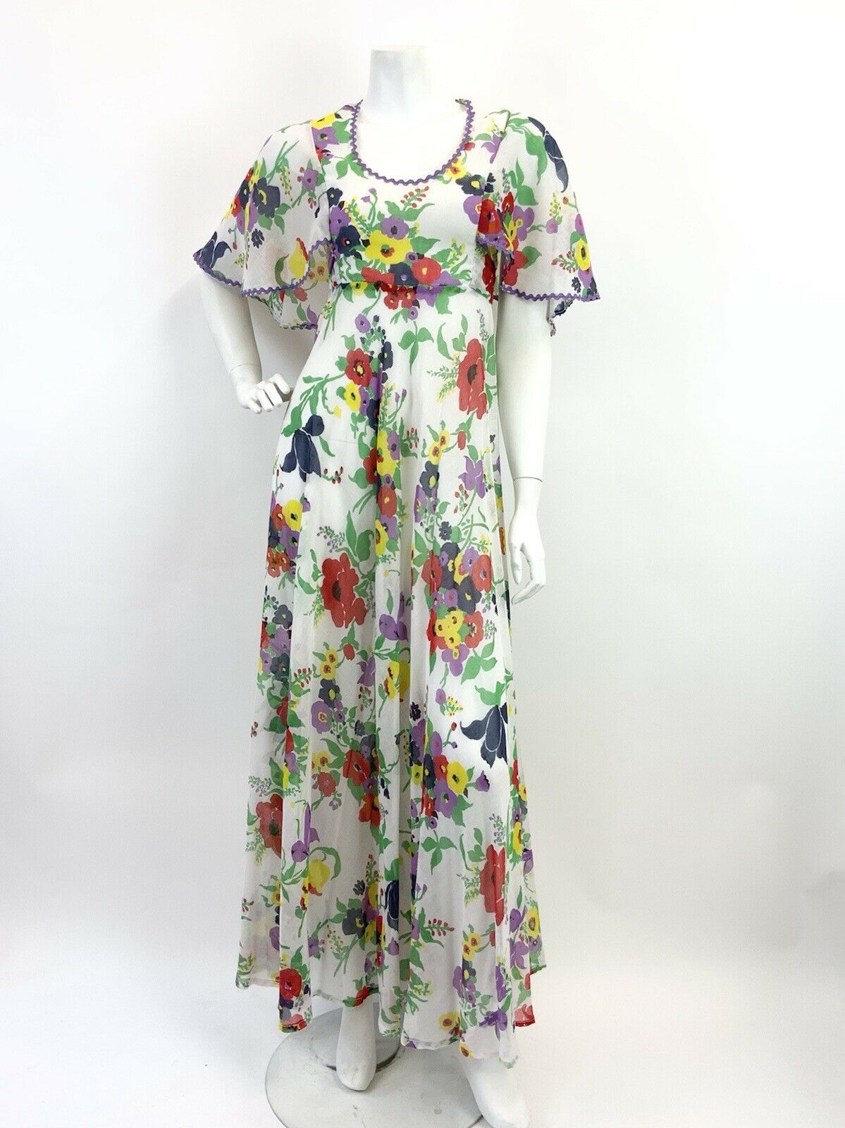 VTG 60s 70s WHITE PURPLE RED GREEN FLORAL RICRAC SHEER CAPE SLEEVE MAXI DRESS 8