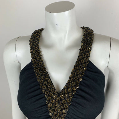 VINTAGE 70S BLACK GOLD BEADED HALTER NECK DRESS 6 8