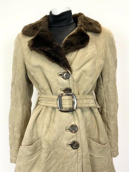 VTG 60s 70s SAND BEIGE BROWN SUEDE SHEARLING BELTED MOD PRINCESS COAT 14 16