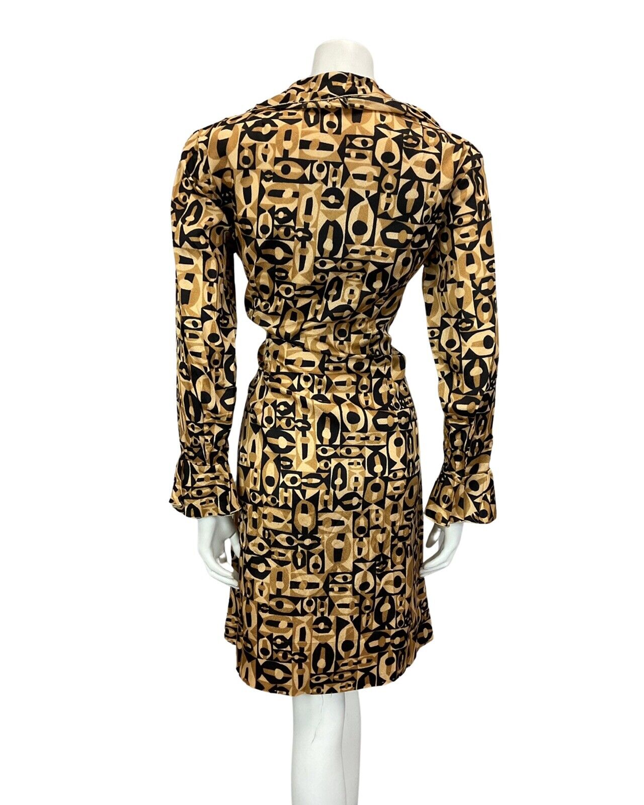 VINTAGE 60s 70s TAN BROWN BLACK PSYCHEDELIC RUFFLE MINI DRESS DRESS 10 12