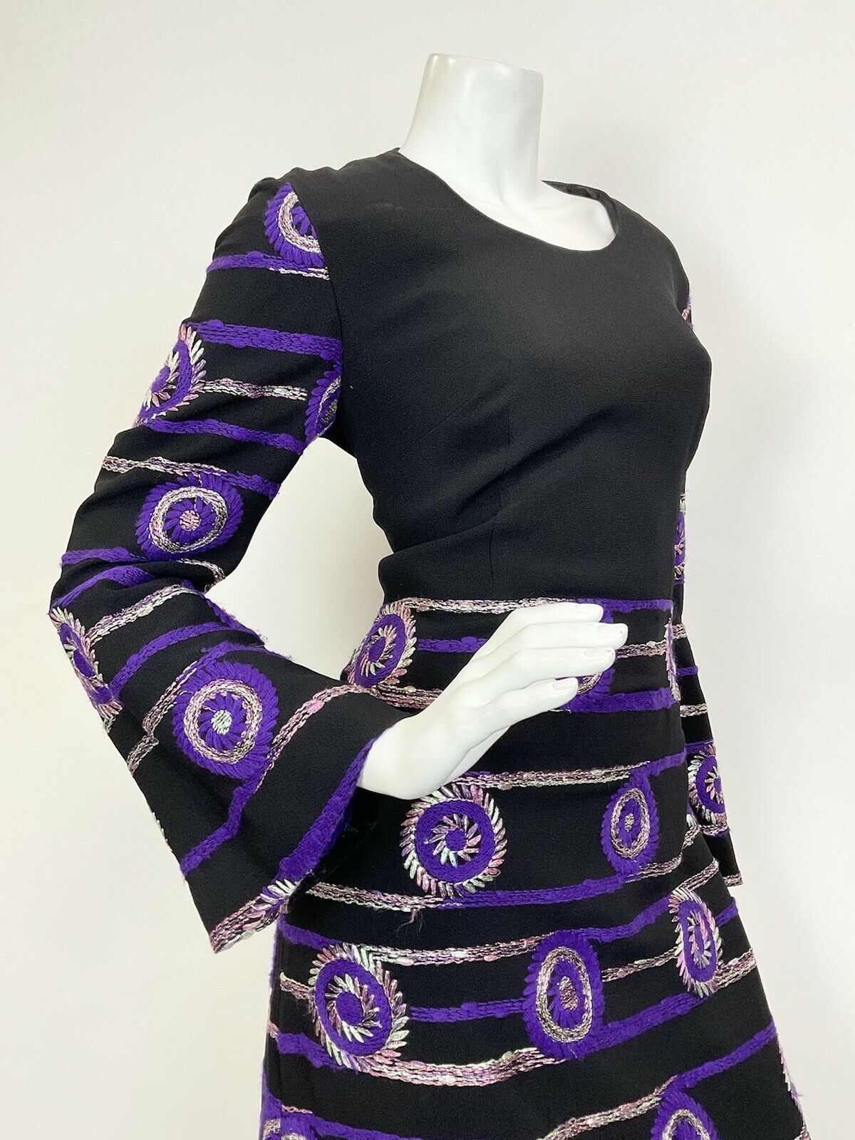 VTG 60s 70s BLACK PURPLE GOLD MINT EMBROIDERED GEOMETRIC MOD MAXI DRESS 12 14