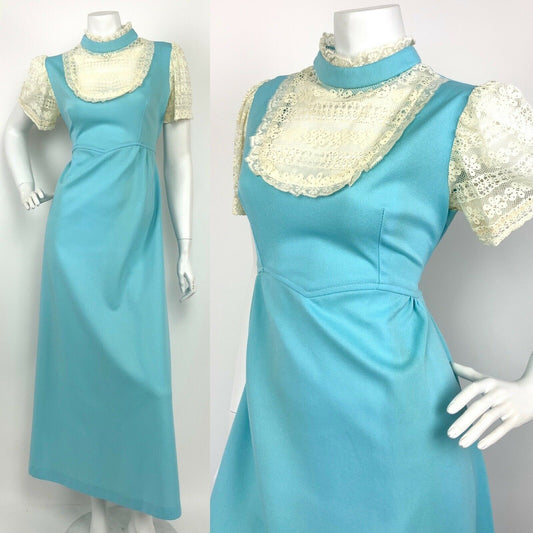 VTG 60s 70s BABY BLUE CREAM LACE PRAIRIE FOLK MAXI DRESS 12