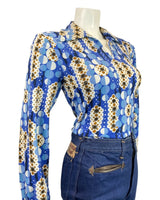 VINTAGE 60s 70s BLUE GOLD WHITE DOTTY OP-ART PSYCHEDELIC MOD DAGGER BLOUSE 12 14