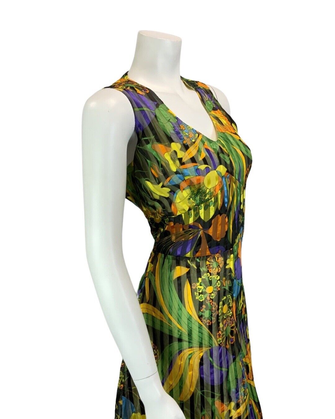 VINTAGE 60s 70s YELLOW GREEN ORANGE FLORAL PRINT MINI DRESS 12