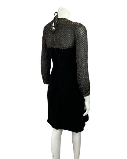 VINTAGE 60s 70s BLACK GOLD POLKA-DOT SHEER VELVET PARTY SHORT DRESS 8