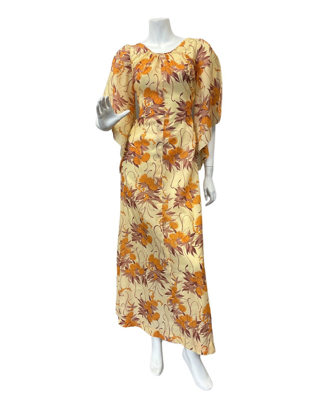 VTG 70s YELLOW ORANGE BROWN FLORAL ANGEL SLEEVE BOHO PRAIRIE MAXI DRESS 10 12