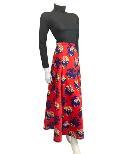 VINTAGE 60s 70s RED BLUE GREEN FLORAL ABSTRACT MOD MAXI SKIRT 10 12