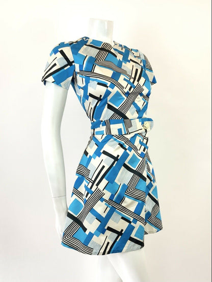 VINTAGE 60s 70s WHITE BLUE BLACK GEOMETRIC CHECKED MINI MOD DRESS 8 10