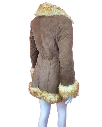 VINTAGE 60s 70s PEANUT BROWN CREAM SUEDE BOHO PENNY LANE SHEARLING COAT 10 12