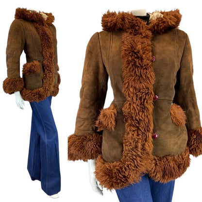 VINTAGE 60s 70s BROWN RUSSET BOHO MOD PENNY LANE HOODED SHEARLING COAT 8 10