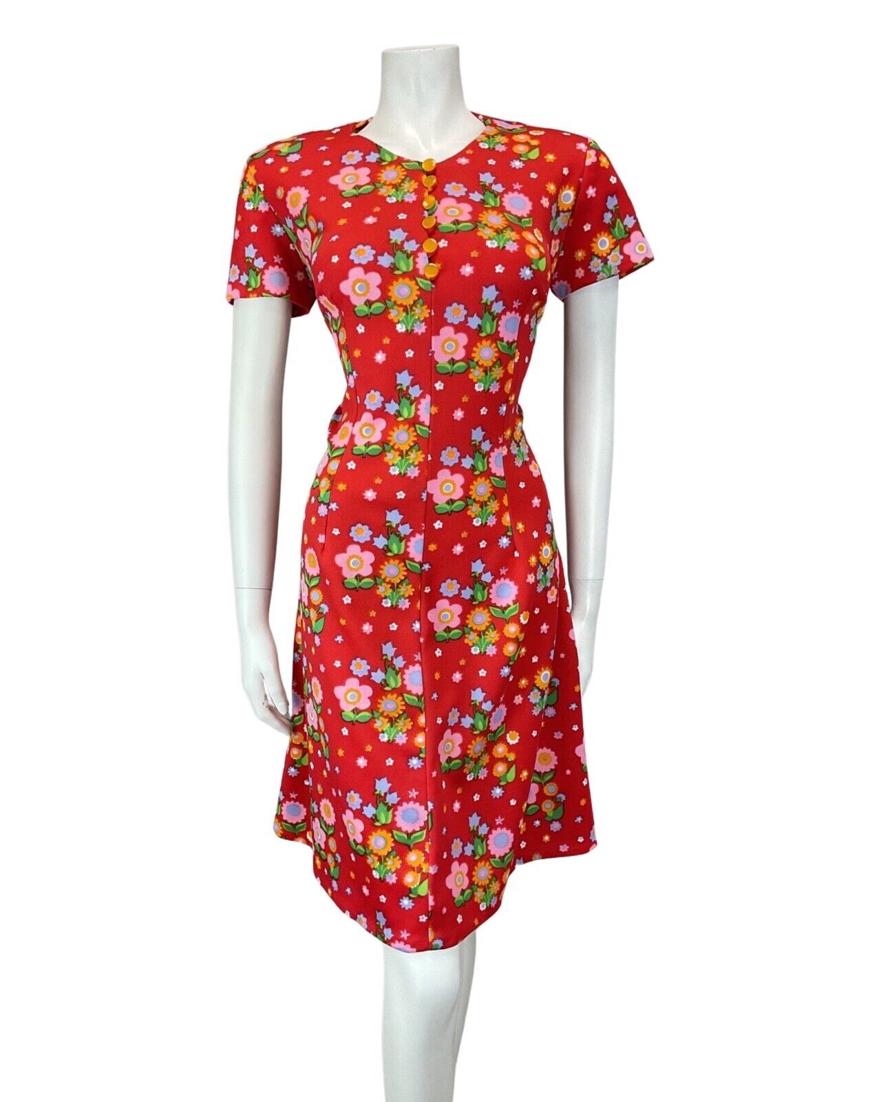 VINTAGE 60s 70s RED PINK ORANGE DAISY FLOWER POWER MOD DRESS 14 16