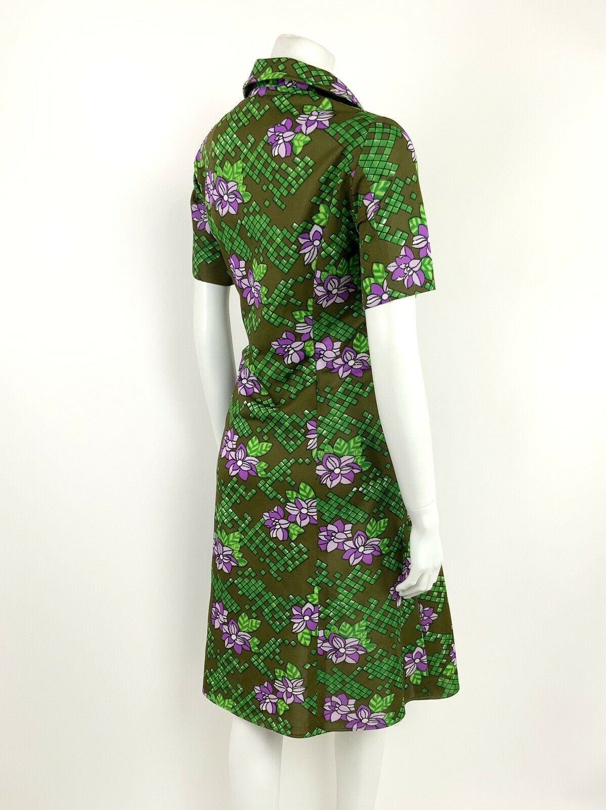 VINTAGE 60s 70s OLIVE GREEN PURPLE WHITE FLORAL GEOMETRIC SHIFT DRESS 14 16