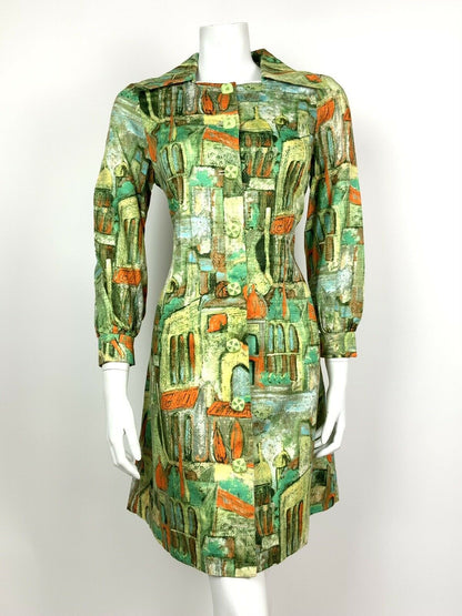 VINTAGE 60s 70s GREEN ORANGE BLUE ABSTRACT ARCH WING COLLAR SHIFT DRESS 14