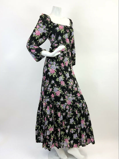 VINTAGE 60s 70s BLACK PINK PURPLE GREEN FLORAL ROSE RUFFLE MAXI DRESS 12