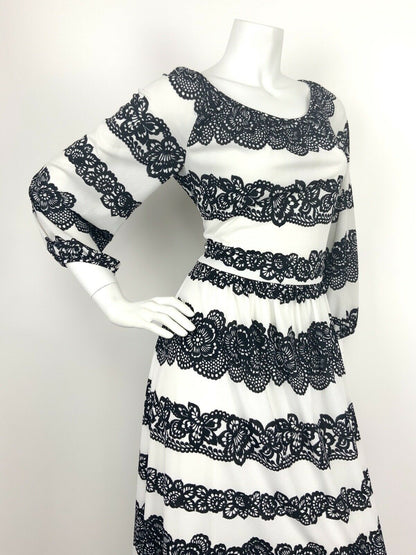 VINTAGE 70s WHITE BLACK STRIPED FLORAL LACE SUMMER MAXI DRESS 12