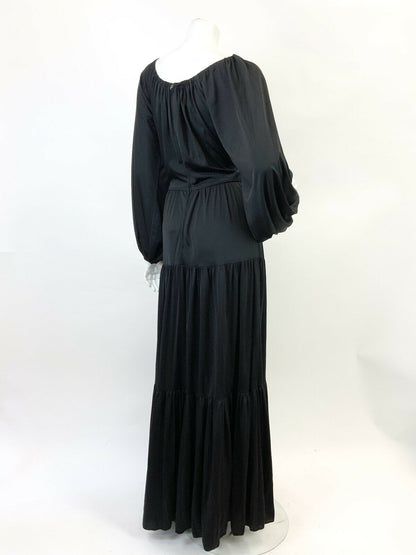 VINTAGE 60s 70s JET BLACK PUFF SLEEVE TIERED BOHO FOLK MAXI DRESS 10