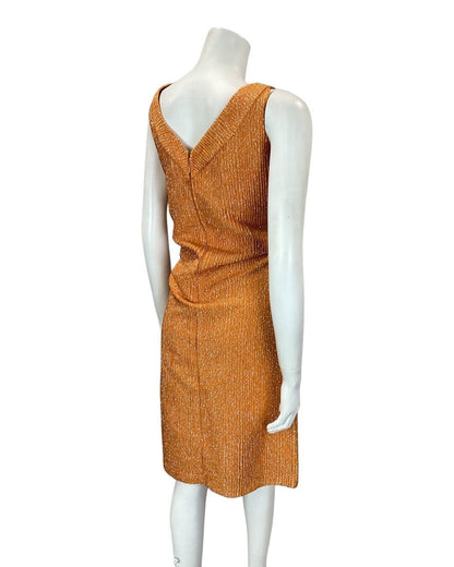 VINTAGE 60s 70s BURNT ORANGE SILVER LUREX V-NECK PARTY SLEEVELESS DRESS 12 14