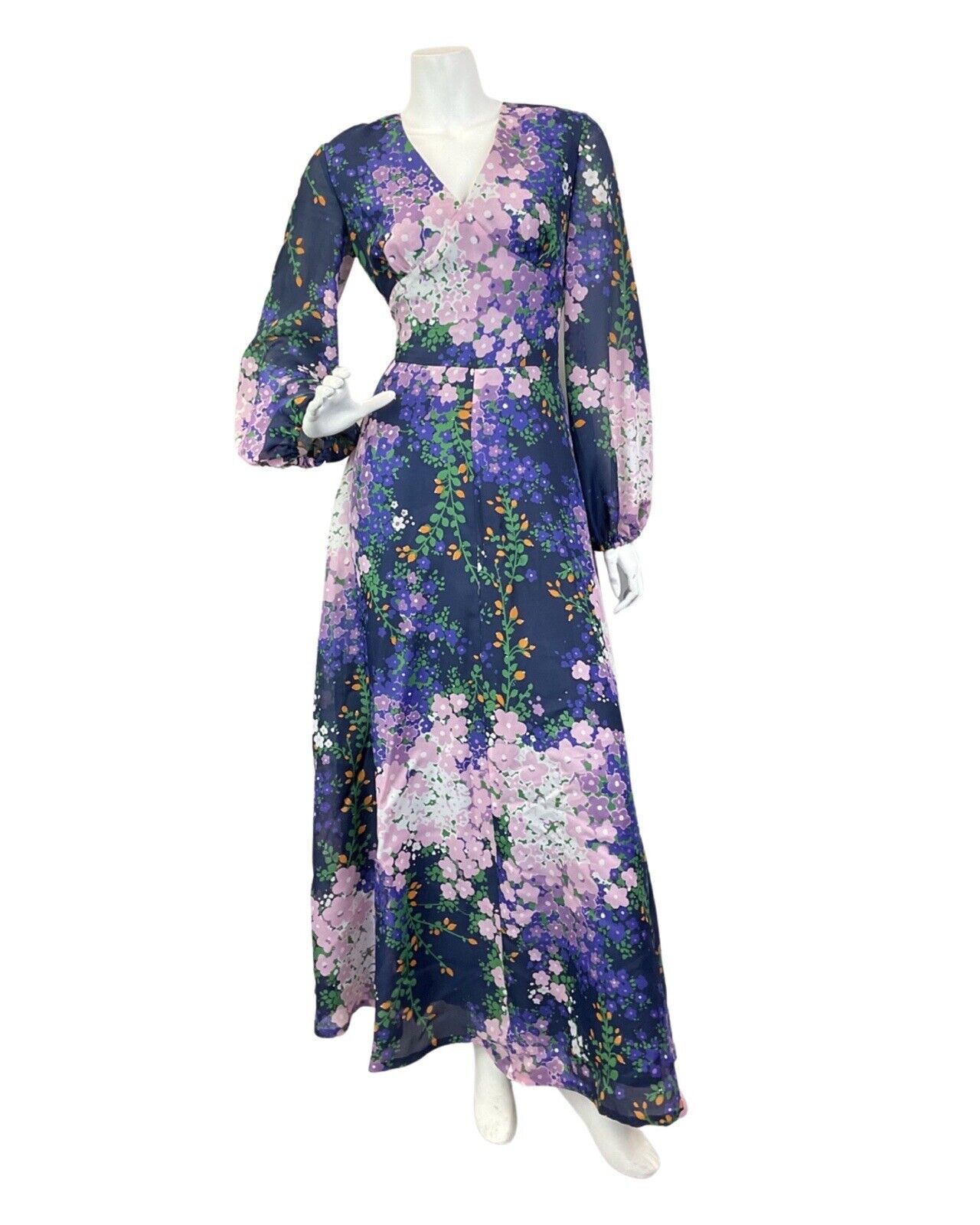 VINTAGE 70s BLUE PURPLE WHITE PSYCHEDELIC FLORAL FLOATY SUMMER MAXI DRESS 10