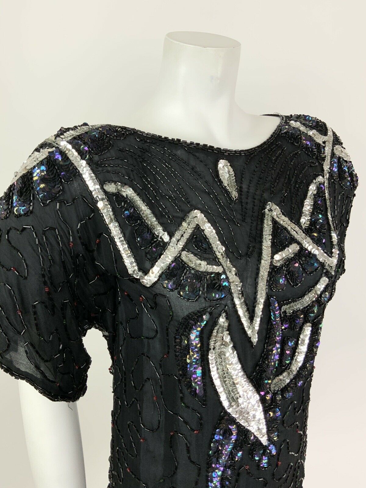 VINTAGE 70s 80s BLACK SILVER HOLOGRAPHIC SEQUINNED DISCO PARTY TOP BLOUSE 12 14