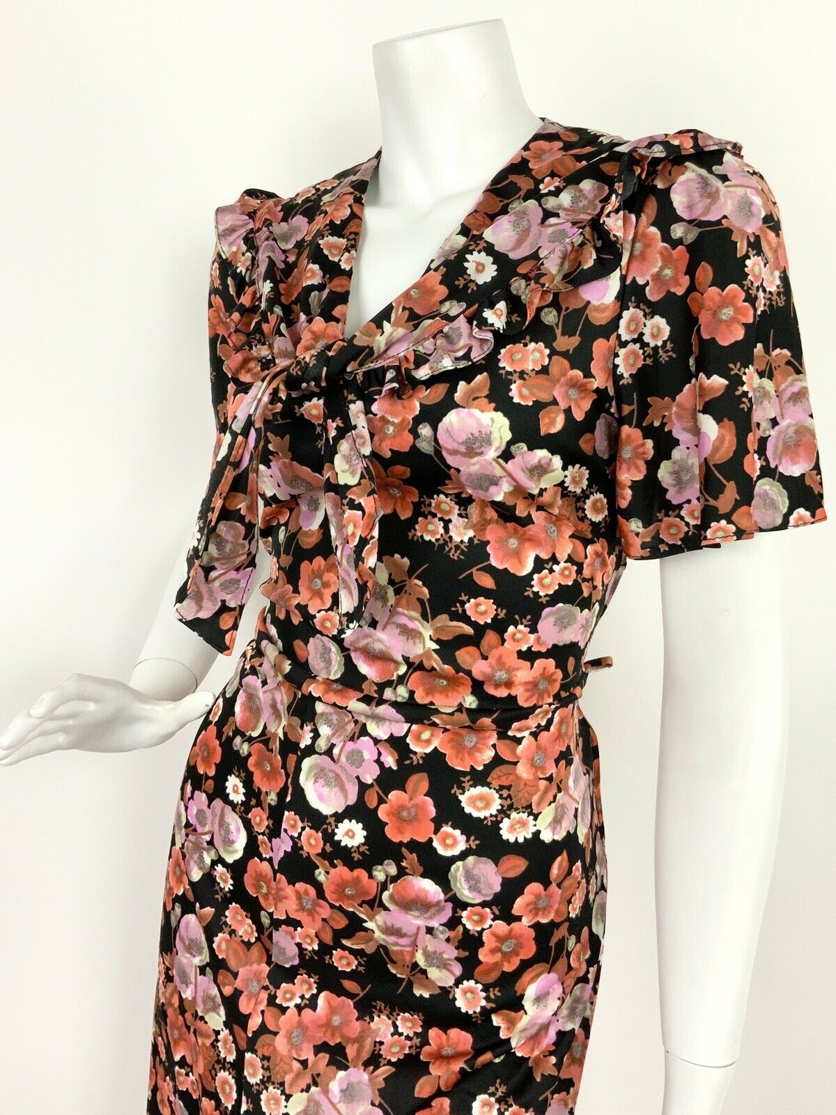 VTG 60s 70s BLACK RED PINK WHITE GREY FLORAL RUFFLE PUSSYBOW NECKTIE DRESS 12 14