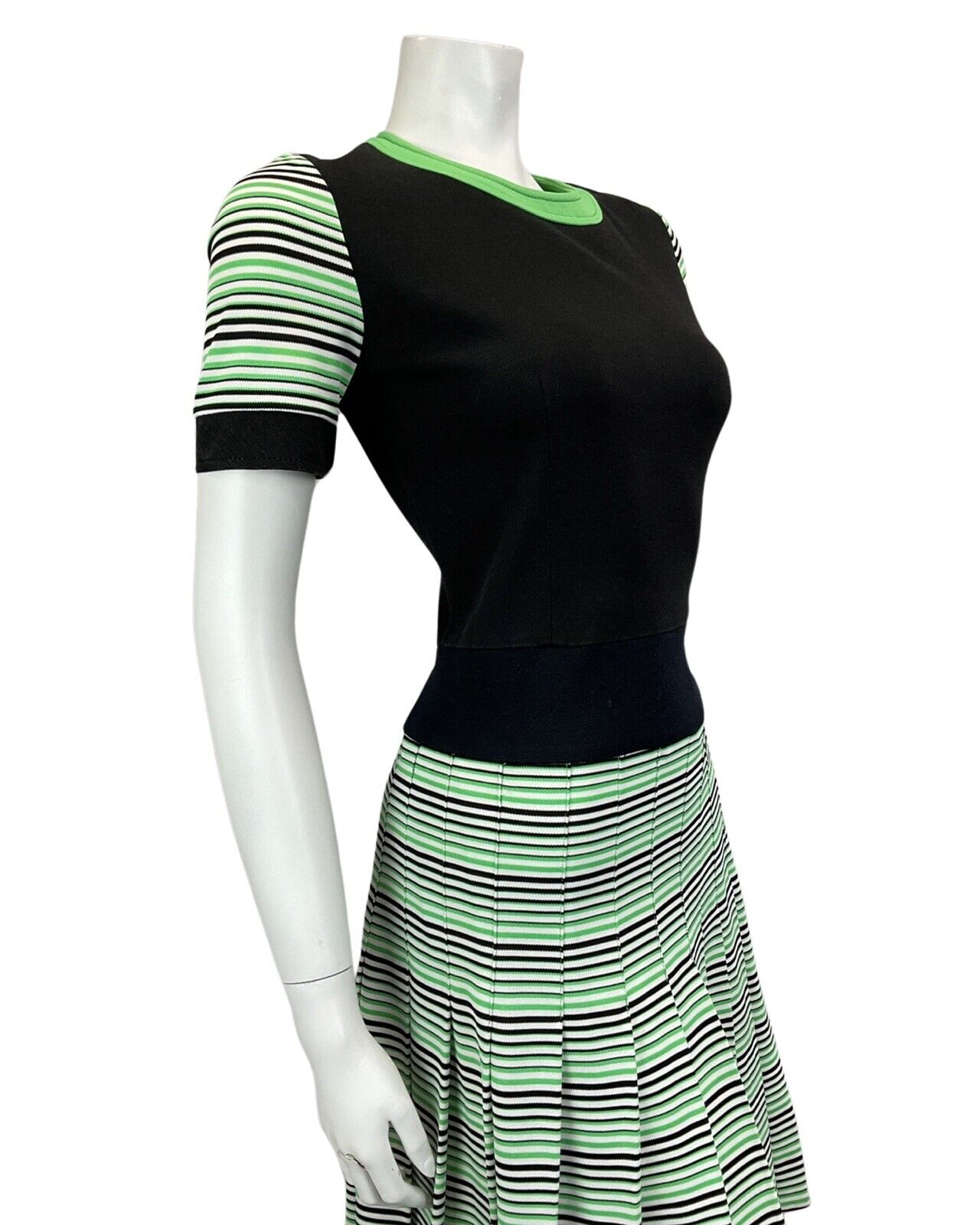 VINTAGE 60s 70s BLACK GREEN WHITE STRIPED PLEATED MIDI MOD DRESS 12