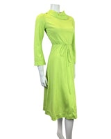 VINTAGE 60s 70s NEON GREEN LONG-SLEEVE SWING DRESS 6 8