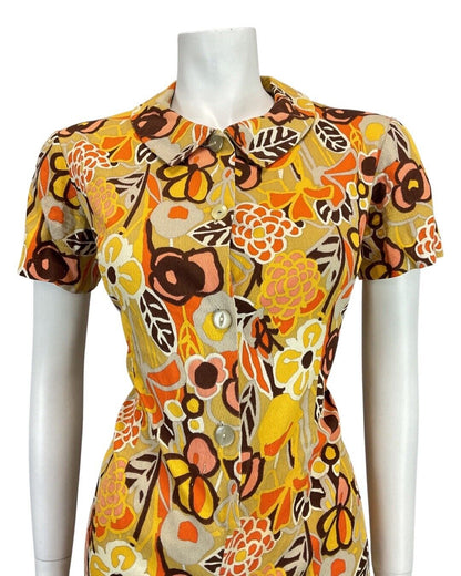 VINTAGE 60s 70s YELLOW BEIGE ORANGE FLORAL MOD PETER PAN SHIRT DRESS 12 14