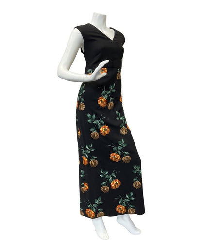 VINTAGE 60s 70s BLACK ORANGE GREEN FLORAL EMBROIDERED SLEEVELESS MAXI DRESS `14