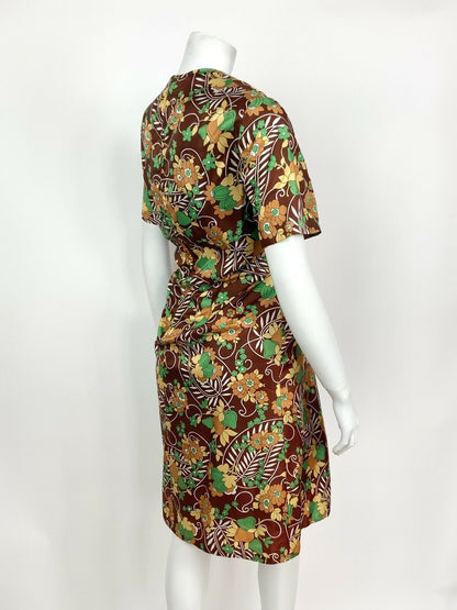 VINTAGE 60s 70s BROWN GREEN WHITE CREAM PAISLEY LEAF FLORAL SHIFT DRESS 12 14