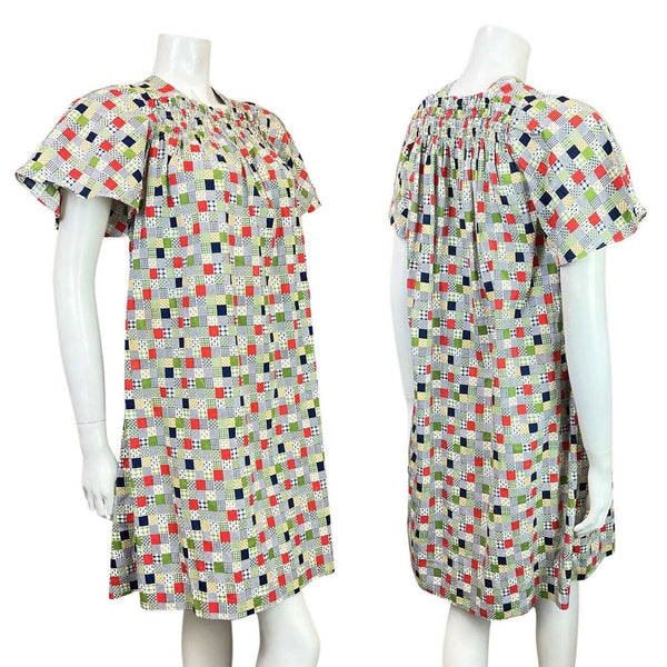 VINTAGE 60s 70s WHITE BLUE GREEN PATCHWORK FLORAL GINGHAM TENT A-LINE DRESS 6 8