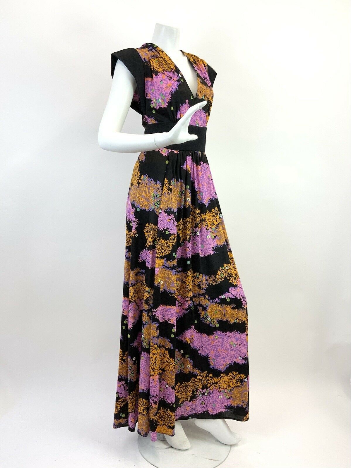 VINTAGE 60s 70s BLACK YELLOW PURPLE FLORAL PSYCHEDELIC MAXI DRESS 8 10