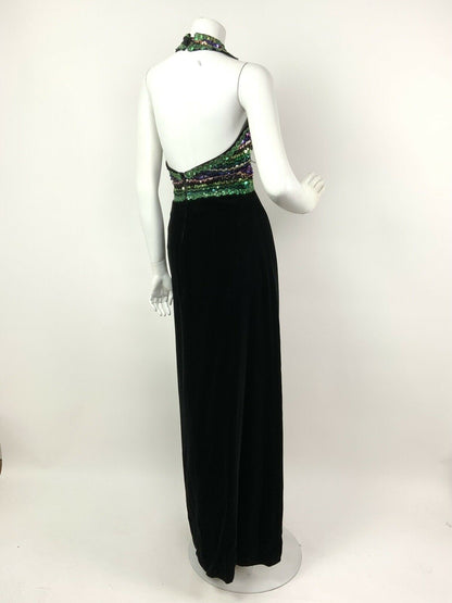 VTG 60s 70s BLACK VELVET GREEN PURPLE GOLD SEQUIN DISCO HALTER MAXI DRESS 10 12