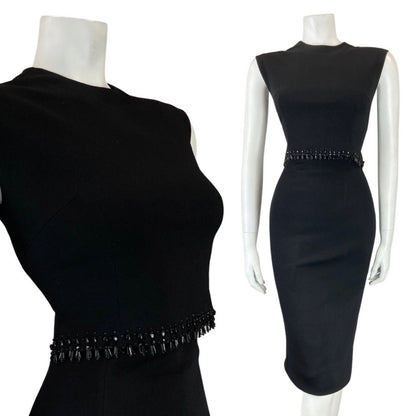 VINTAGE 60s 70s BLACK SEQUIN BEADED GLAM PARTY SLEEVELESS WIGGLE DRESS 8