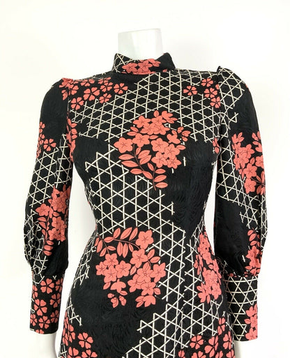 VTG 60s 70s BLACK WHITE PINK GEOMETRIC HONEYCOMB BLOSSOM MOD MINI DRESS 8 10